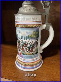 Antique German Germany WW1 Regimental Cavalry Porcelain Litho Lidded Beer Stein