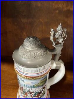 Antique German Germany WW1 Regimental Cavalry Porcelain Litho Lidded Beer Stein