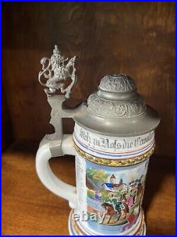 Antique German Germany WW1 Regimental Cavalry Porcelain Litho Lidded Beer Stein