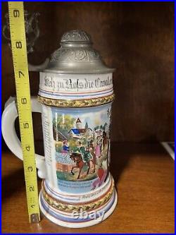 Antique German Germany WW1 Regimental Cavalry Porcelain Litho Lidded Beer Stein