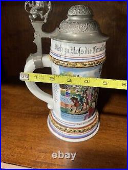 Antique German Germany WW1 Regimental Cavalry Porcelain Litho Lidded Beer Stein