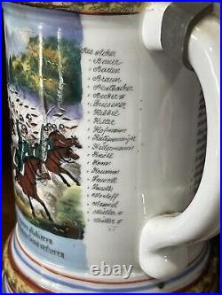 Antique German Germany WW1 Regimental Cavalry Porcelain Litho Lidded Beer Stein