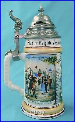 Antique German Germany WW1 Spike Helmet Litho Porcelain Lidded Beer Stein Mug