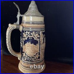 Antique German Germany pre WW1 signed Porcelain Lidded Beer Stein Mug 10.5