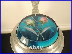 Antique German Glass Beer Glass Mug with turquoise blue with cut flower Inset Lid