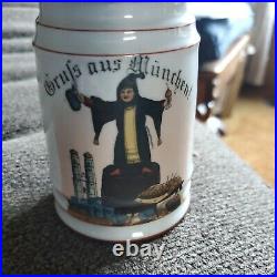 Antique German Grufs Aus Munchen Beer Stein Pewter Lid Boy Robe
