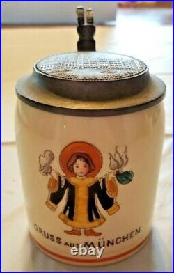Antique German Gruss Aus Munchen Mini Child Porcelain Beer Stein Mug Pewter LID