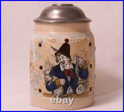 Antique German Hauber&Reuther HR Beer Stein Etched #172 withUnusual Lid d. 1891