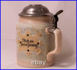 Antique German Hauber&Reuther HR Beer Stein Etched #172 withUnusual Lid d. 1891