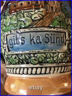 Antique German Lidded Beer Stein Vintage Ceramic 8 Tall Gibs Ka Sund With Lid