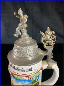 Antique German Lithophane Regimental Beer Stein Hand Painted & Enameled C 1905