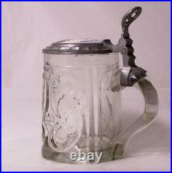Antique German Mold Blown Glass Beer Stein Inlaid Lid Occupational Farmer c1870s