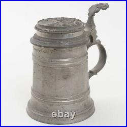 Antique German Pewter Lidded Beer Tankard Stein Mug w. Glass Bottom 6 Inscribed