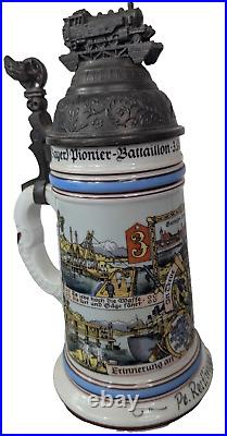 Antique German Pionier Regimental Pewter Beer Stein Lithophane Bottom 1911-13