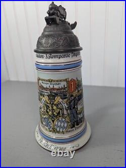 Antique German Pionier Regimental Pewter Beer Stein Lithophane Bottom 1911-13