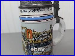 Antique German Pionier Regimental Pewter Beer Stein Lithophane Bottom 1911-13