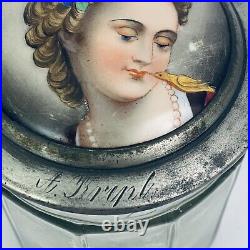 Antique German Portrait Beer Stein Glass Painted Inlay Beautiful Woman & Canary