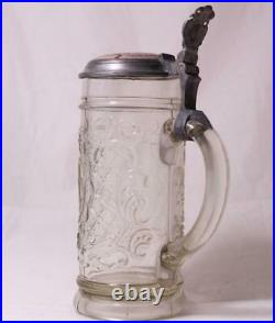 Antique German Pressed Glass Beer Stein Inlaid Lid Humorous Newlywed Scene c1880