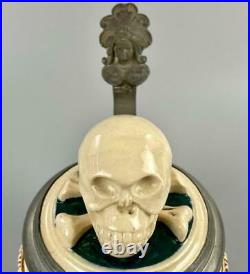 Antique German RARE Beer Stein Tankard Skull Memento Morí Lid And Monkey Handle