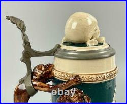 Antique German RARE Beer Stein Tankard Skull Memento Morí Lid And Monkey Handle