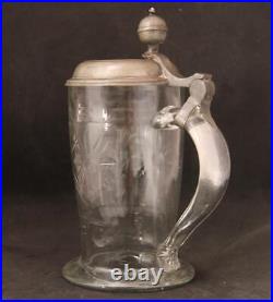 Antique German Saxonian Glass Biedermeier Beer Stein Hand-Blown Stone Cut d. 1840