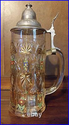 Antique German Stein Cut Glass Enameled Flowers Sachsische Glasfabrik 1925