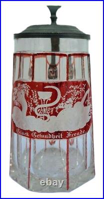 Antique German Stein d. 1852, Ruby Cut to Clear with Pewter & glass Lid, Holiday