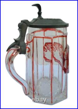 Antique German Stein d. 1852, Ruby Cut to Clear with Pewter & glass Lid, Holiday