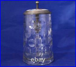 Antique German Stone Cut Glass Beer Stein Hand Painted Lid Lady's Portrait c1870