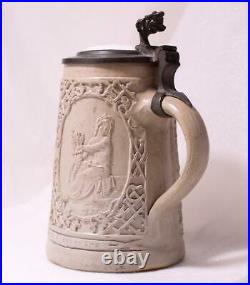 Antique German Stoneware Beer Stein King Gambrinus Regensburg Inlaid Lid c. 1870s