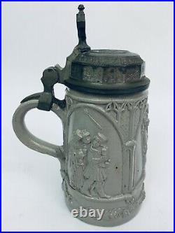 Antique German Stoneware Beer Stein with Interesting Lid & Thumblift Symbolism