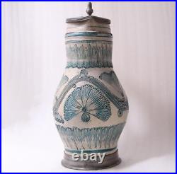 Antique German Stoneware Westerwald Beer Stein/Pitcher Unusual Teal Glaze c1820s