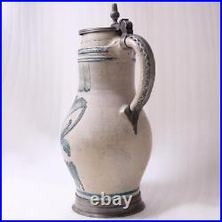 Antique German Stoneware Westerwald Beer Stein/Pitcher Unusual Teal Glaze c1820s