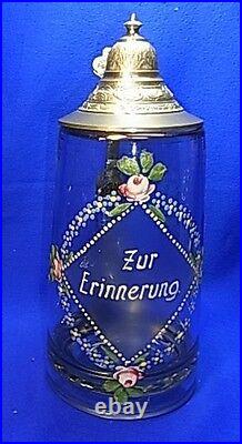 Antique German Tin Top Glass Lidded Beer Stein in Memory #XX