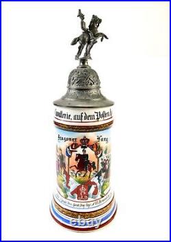 Antique German WW1 Dragoon Regiment Litho Porcelain Lidded Beer Stein Mug Cup