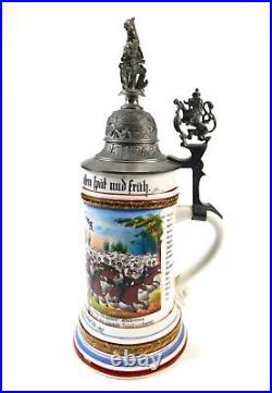 Antique German WW1 Dragoon Regiment Litho Porcelain Lidded Beer Stein Mug Cup