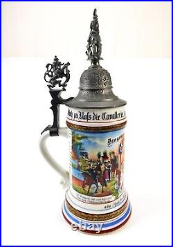 Antique German WW1 Dragoon Regiment Litho Porcelain Lidded Beer Stein Mug Cup