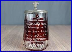 Antique German engraved cut ruby glass beer stein, dated 1877 Bohemian w lid