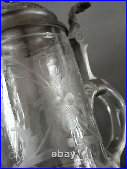 Antique German etched glass beer stein Bierkrug zinc lid, 7.75 inches