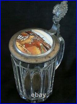 Antique German hand painted lidded glass beer stein bierkrug Aibling
