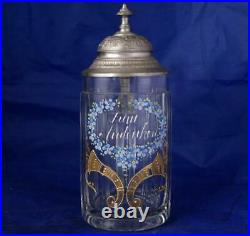 Antique Glass German Beer Stein Gilt and Enameled withPewter Lid c. 1900