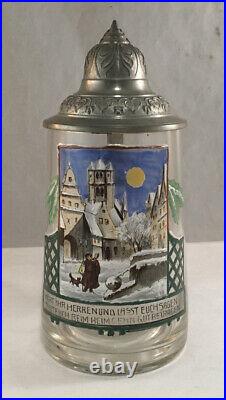 Antique Glass Lidded German Beer Stein With Enamel Paint Decoration Winter Scene