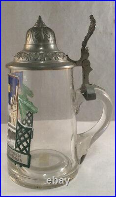 Antique Glass Lidded German Beer Stein With Enamel Paint Decoration Winter Scene