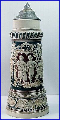 Antique Hand Painted German Lidded Beer Stein 15.5 inches Tall