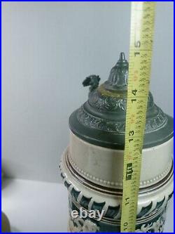 Antique Hand Painted German Lidded Beer Stein 15.5 inches Tall