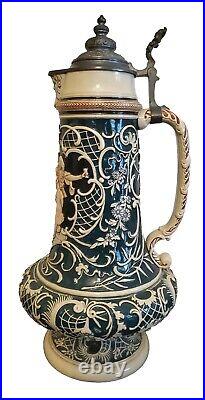 Antique Handpainted Signed Beer Stein 18 Master Pour Pitcher Pewter Lid GERMAN
