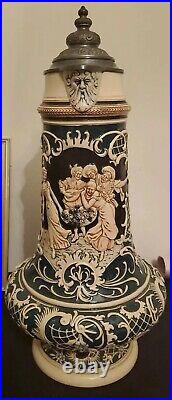 Antique Handpainted Signed Beer Stein 18 Master Pour Pitcher Pewter Lid GERMAN