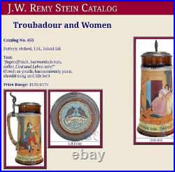 Antique J. W. Remy #855 German Beer Stein 1L. Troubadour & Women Vintage