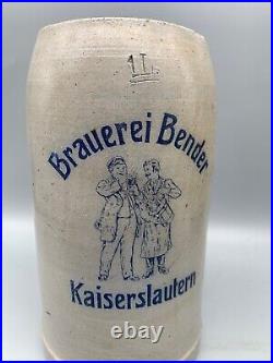 Antique K-Town Brauerei BENDER KAISERSLAUTERN german 1900 Beer Stein 1 Liter