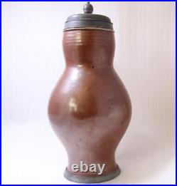 Antique Large Early German Brown Earthenware Beer Stein Birnkrug Bunzlau c. 1780s